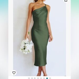 Wedding guest dress satin material, pretty olive color worn once for a wedding